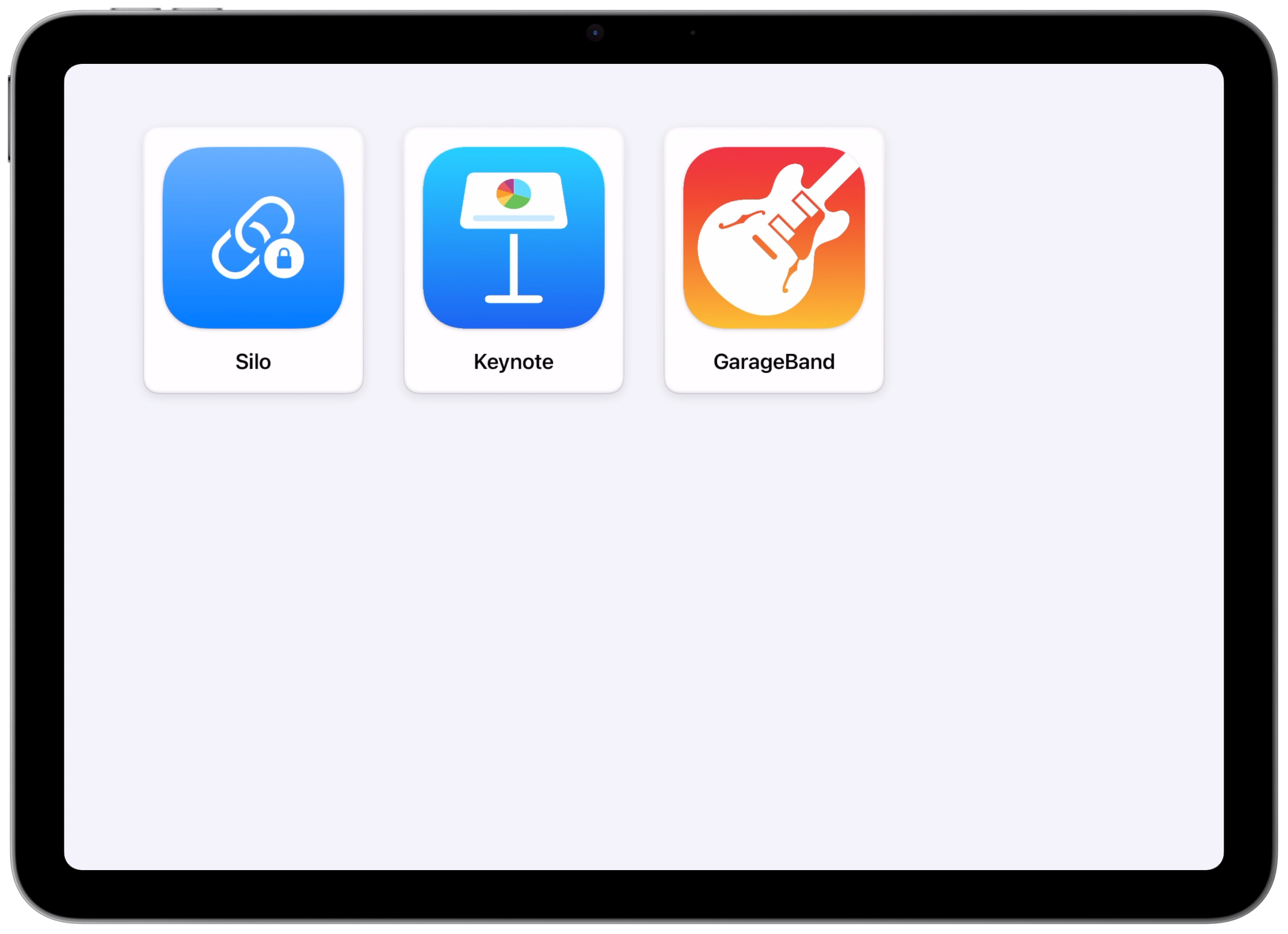 Screenshot of Silo, Keynote, and GarageBand app icons in Assistive Access. Assistive Access is in grid mode with larger app icons.